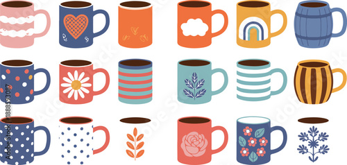 Colorful Coffee Mug and Tea Cup Vector Set  Patterned Drinkware Collection