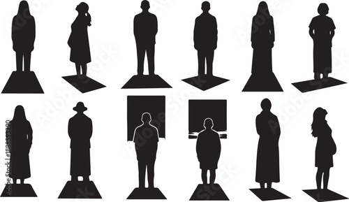 Silhouettes of people standing in various poses and attire