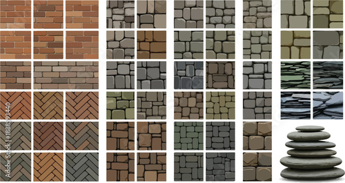 Set of seamless stone and brick wall textures, masonry patterns, and paving styles for architectural visualization.