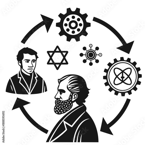A minimalist vector graphic illustrating the cyclical influence of ideas between two historical figures