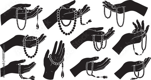 Hands holding and manipulating various rosary beads in silhouette