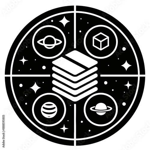 A minimalist vector graphic of a cube surrounded by celestial bodies