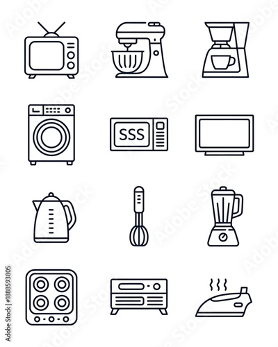 Set of common household kitchen appliances and gadgets icons