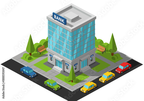 Isometric vector illustration of a modern bank building with cars and trees on a clean street