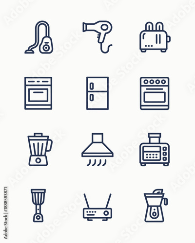 Set of common kitchen and household appliance icons isolated
