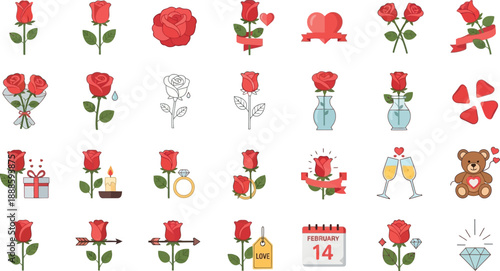Valentine's Day celebration with roses and love symbols on white background