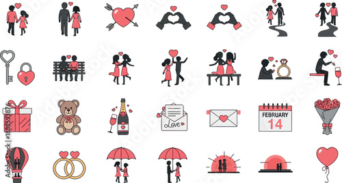 Valentine's Day celebration graphics show couples, love symbols, gifts, and festive icons.