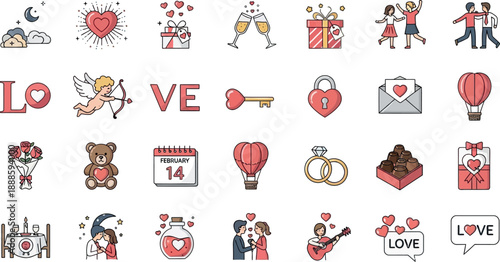 Valentine's Day celebration icons with love symbols and couples in romantic settings on 14th February