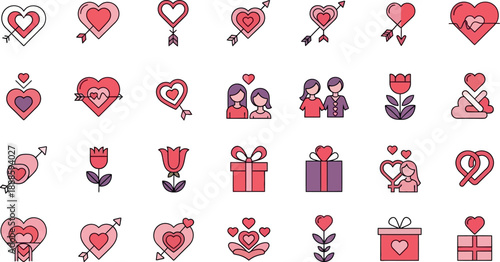 Collection of cute valentine's day themed illustrations on white