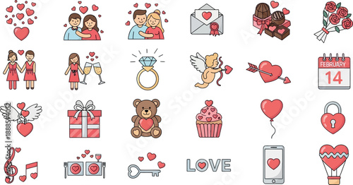 Valentine's Day celebration with lovers, gifts, and symbols on Feb 14th