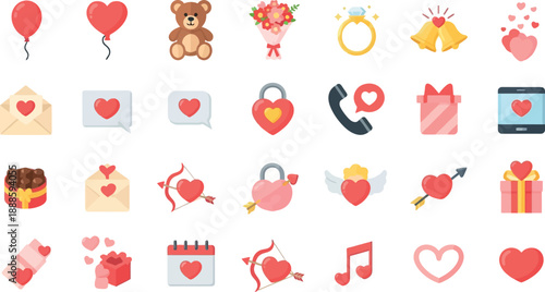 Valentine's Day icons on white background, symbols of love and affection with hearts and gifts