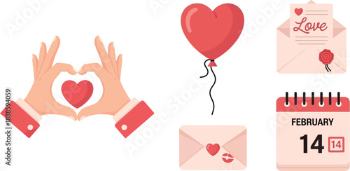Hands forming a heart shape on Valentine's Day with love letters and calendar