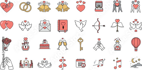  Illustration depicts romantic wedding and love themed icons on white
