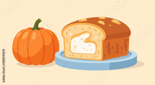 A whole pumpkin sits next to a loaf of bread with a cream filling