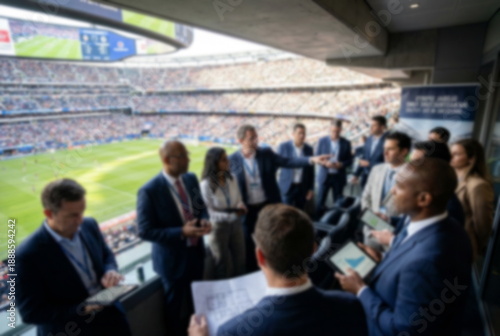 Blured background . A group of businessmen discussing investments in the modernization of the stadium and the development of sports