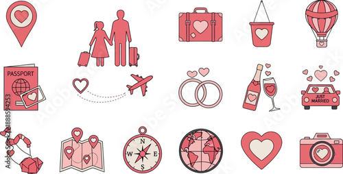 Couple on romantic getaway with luggage and travel icons on Valentine's Day