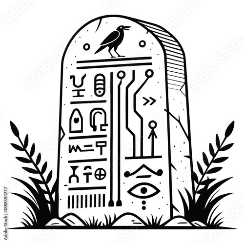 An ancient Egyptian stone monument with hieroglyphics and a bird on top