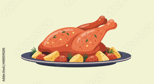 A whole roasted chicken with potatoes and herbs on a platter