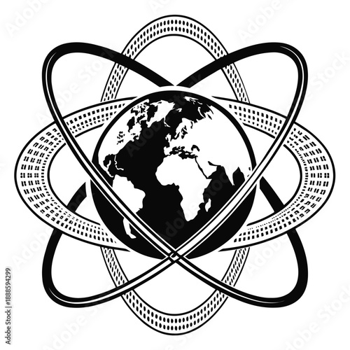 A black and white vector graphic illustration of the Earth surrounded by atomic orbitals