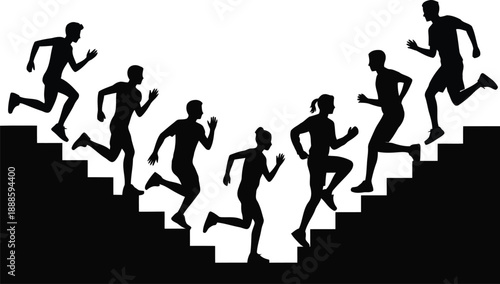 A determined team of runners ascends and descends stairs, creating a powerful symmetrical visual of effort and progress