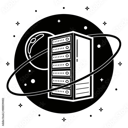 Foto A minimalist vector graphic of a server in space with a planet