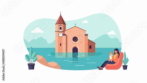 A woman and her dog relax by a flooded building with mountains in background