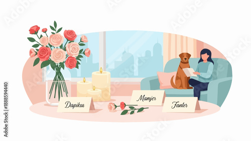 A woman and her dog sit on a couch, surrounded by flowers, candles, and name cards