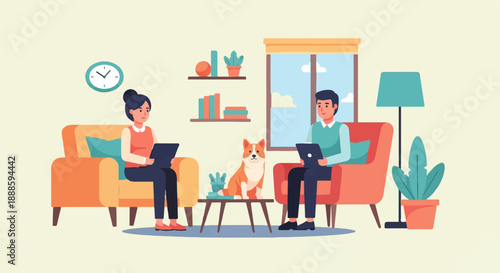 A woman and man relax in chairs with a dog between them, using tablets