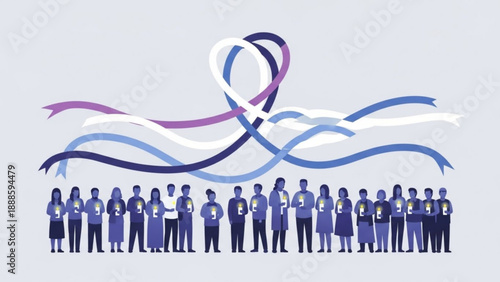 Diverse group of people standing together with colorful ribbons flowing above them in purple blue and white hues on a light gray background symbolizing unity and teamwork