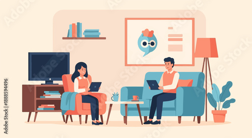 A woman and man sit in chairs in a living room, each with a tablet