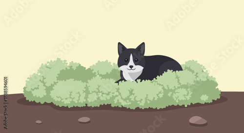 A stylized black and white cat rests in a lush green bush under a pale yellow sky