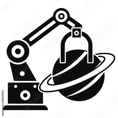 A robotic arm holding a planet in a minimalist vector illustration