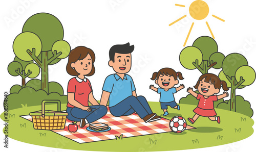 Happy family enjoying a sunny picnic day in the park with children playing