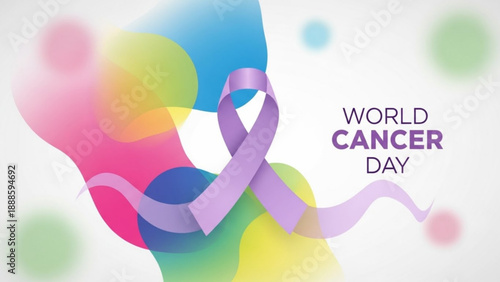 World cancer day awareness campaign with purple ribbon and colorful background