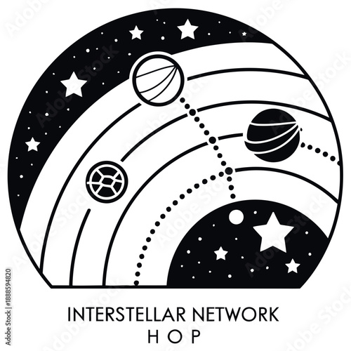 A minimalist vector graphic illustration of an interstellar network in space