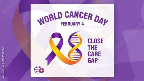 World cancer day poster with purple ribbon and dna symbol on february 4th awareness campaign