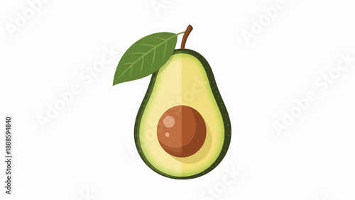 A sliced avocado with a leaf and stem on a white background