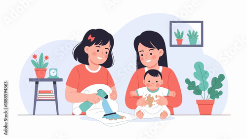 A woman cleans a soiled diaper while another holds a messy baby