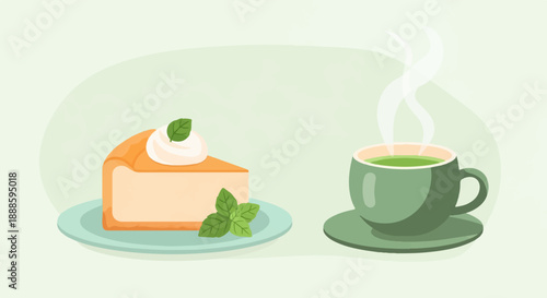 A slice of cheesecake with cream and mint next to a cup of hot green tea