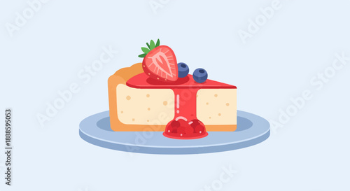 A slice of cheesecake adorned with fresh strawberries and blueberries