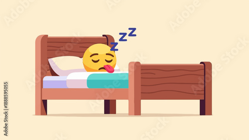 A sleeping emoji with its tongue out rests in a wooden bed