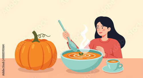 A woman enjoys a warm bowl of soup with a pumpkin beside her
