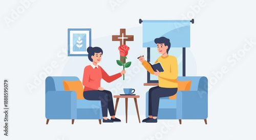 A woman gives a rose to a man writing, with a cross