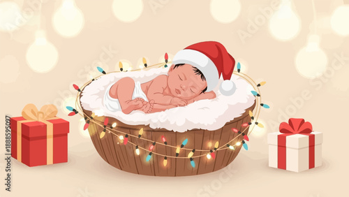 A sleeping baby in a Santa hat surrounded by Christmas lights and gifts