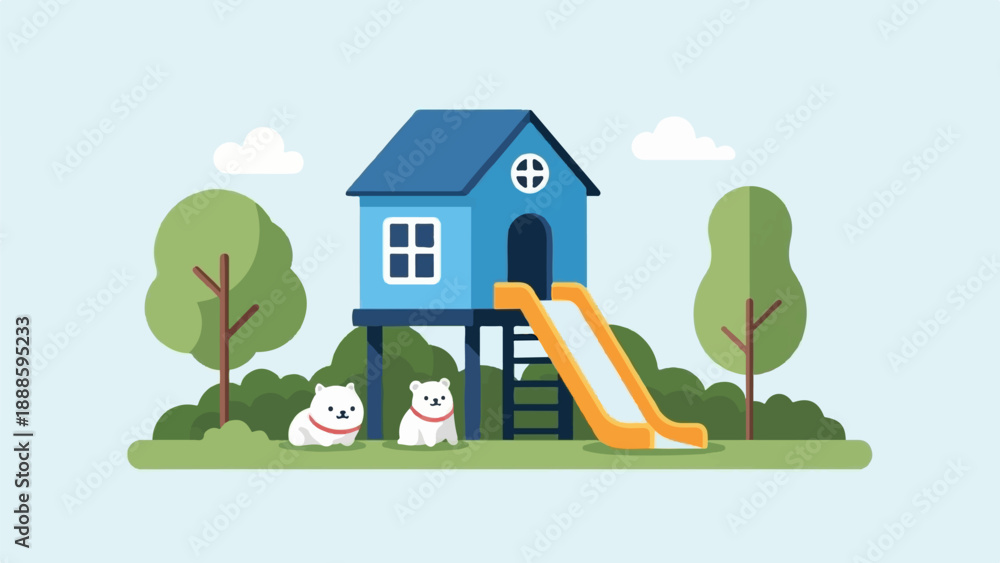 Fototapeta premium A playful scene with a blue playhouse, slide, and two fluffy white dogs