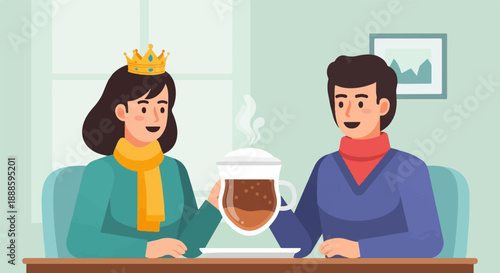 A woman in a crown and a man enjoy a steaming cup of coffee together