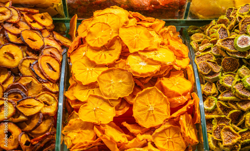 Colorful delights, various dried fruits at Turkish market, Grand Bazaar  Istanbul, Turkey