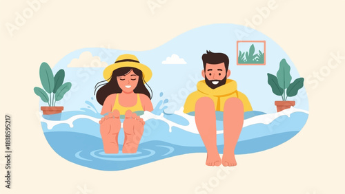 A woman in a hat and a man relax in water, surrounded by plants