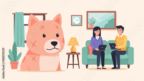 A playful dog illustration with people working on laptops on a couch