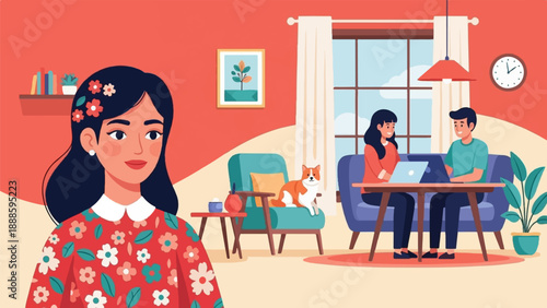 A woman in a floral dress looks forward as a couple works on laptops with a dog nearby